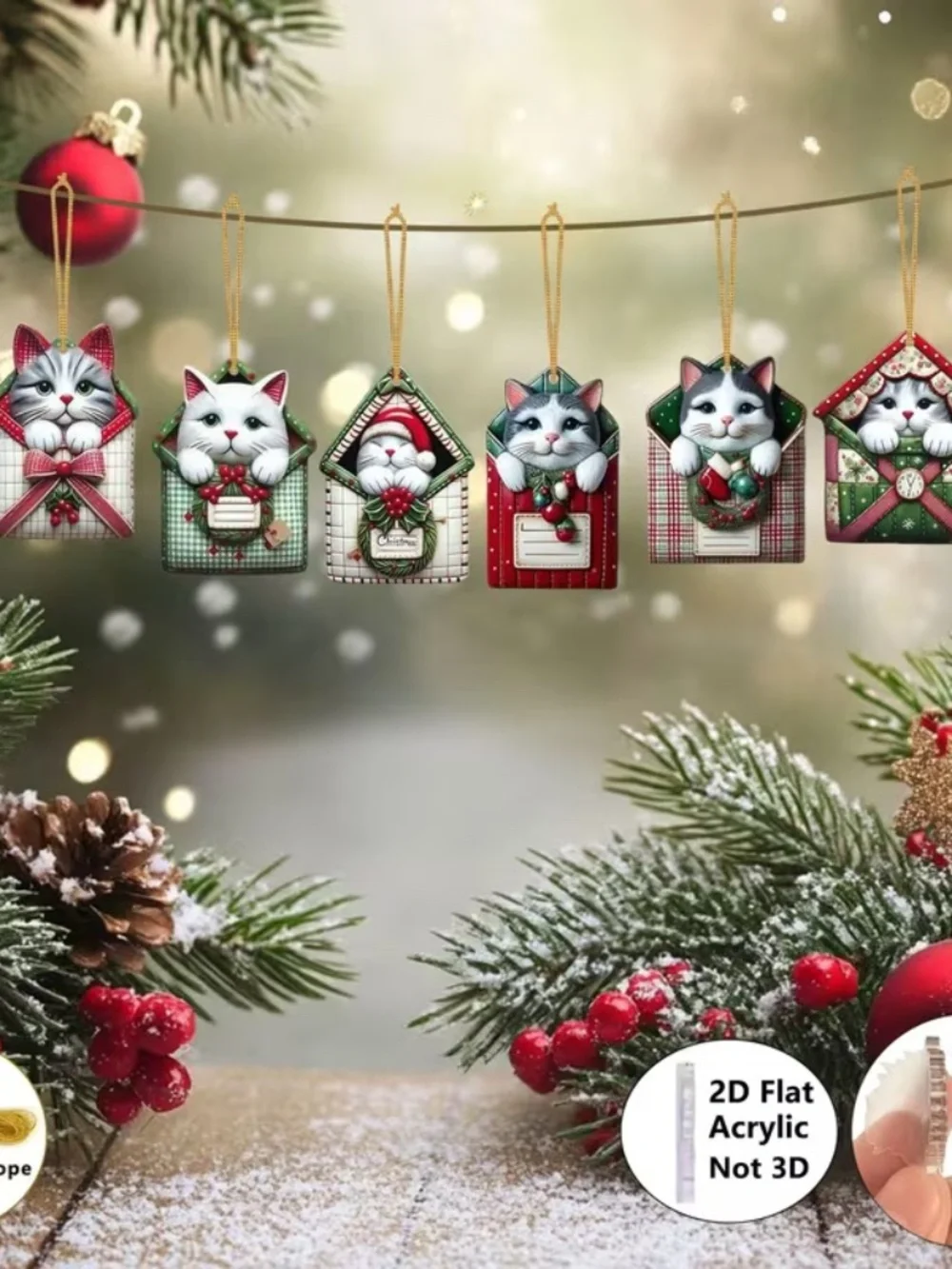 Set of 8 Christmas Cat Mailbox Acrylic Tree Ornaments